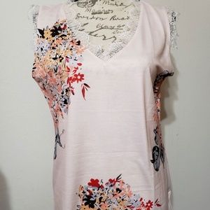 V Neck Lace Trim Tank Top Blouse Large Pink Floral